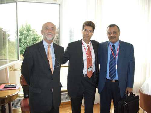 Geneva, Switzerland 2005. From L to R Uri Geller with Dr. Jakob Kellenberger, President, International Committee of the Red Cross and Younis Al-Khatib, President Palestine Red Crescent Society