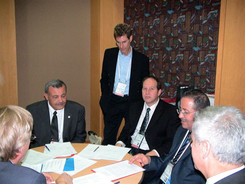 Seoul, Korea 2005. Signing the agreement From L/R Younis Al-Khatib, President Palestine Red Crescent Society, Dr. Noam Yifrach, President, Magen David Adom, Dr. Mohammed Al-Hadid, Chairman, Standing Commissioner of the Red Cross and Red Crescent