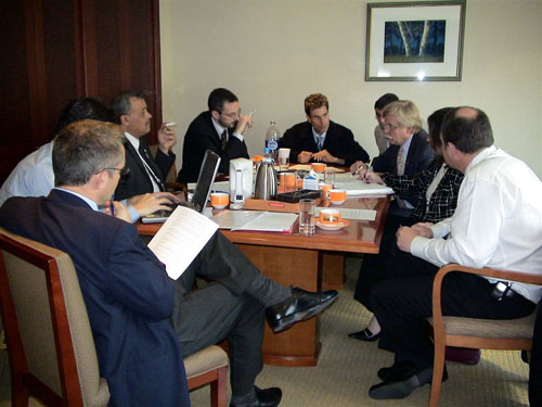 Seoul, Korea 2005. In deep negotiation between Megen David Adom and the Palestine Red Crescent with the help of the Swiss Government and the Red Cross. From L/R Ambassador Didier, DFA FEDERAL DEPARTMENT OF FOREIGN AFFAIRS Ambassador at Large for the Emblems of the Geneva Conventions, Younis Al-Khatib, President Palestine Red Crescent Society, Jean-Christophe Sandos, International Committee Red Cross, Uri Geller, Ambassador Christopher Lamb IFRCS, Dr. Noam Yifrach, President, Magen David Adom.