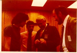 With Wernher von Braun ( above, center) and Edgar Mitchell (right) photographed secretly in a NASA rocket laboratory examining a computer tape just erased by Uri Geller.
