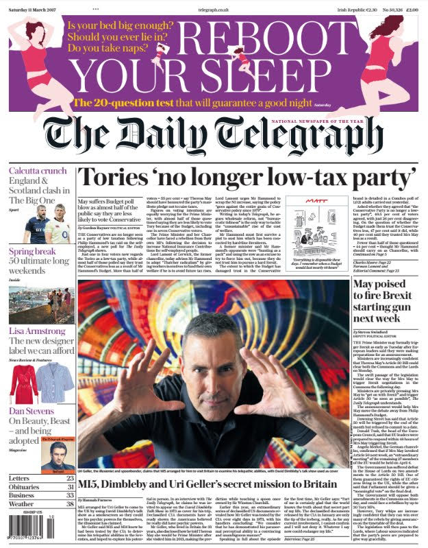 Uri Geller Front Page of Daily Telegraph