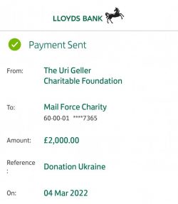 Mail Force Charity Ukraine. Uri Geller.